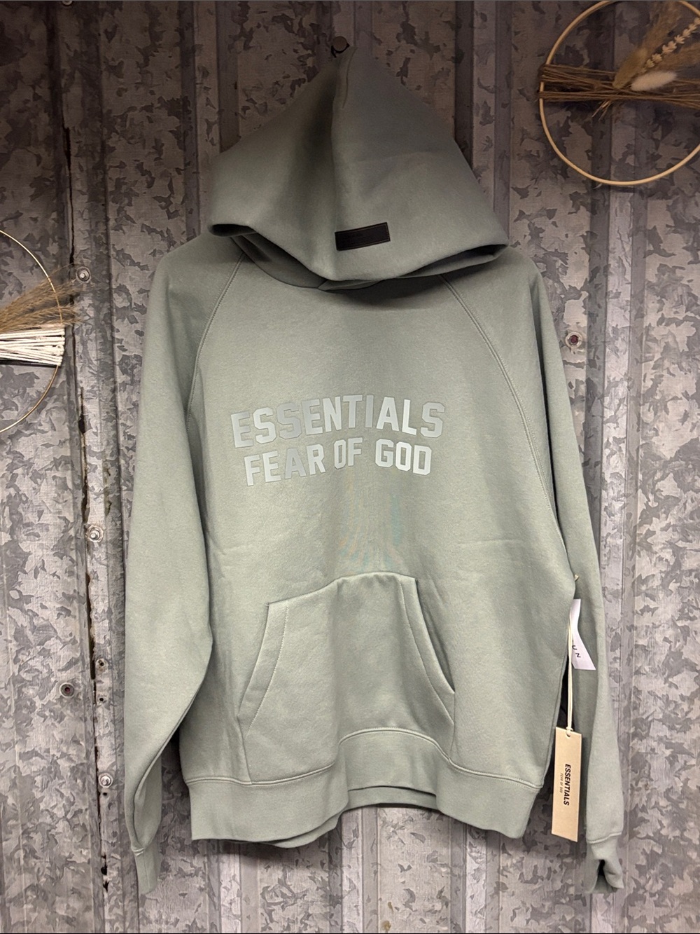 Essentials Fear of God Pale Sage Green Logo Hoodie